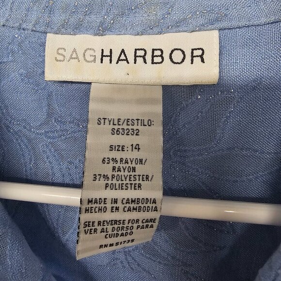Vintage Sag Harbor Periwinkle Blue Floral Metallic Burnout Button Down Blouse 14 - Picture 9 of 11